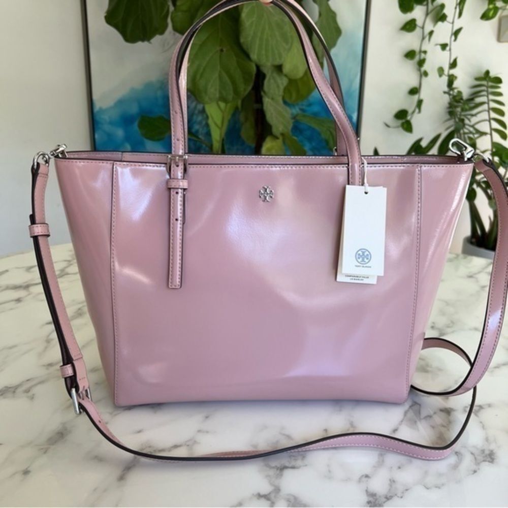 NWT Tory Burch Emerson Small Tote Clay Pink Patent Leather Shoulder Crossbody